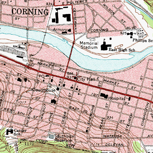 Topographic Map of Corning City Hall, NY