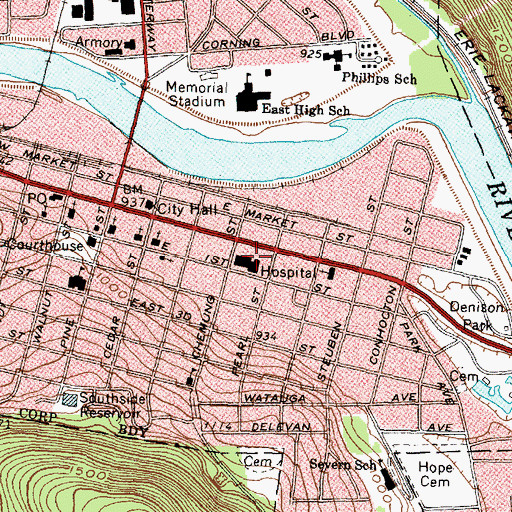 Topographic Map of Corning Hospital, NY