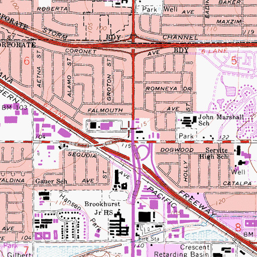 Topographic Map of South Baylo University Anaheim Main Campus, CA