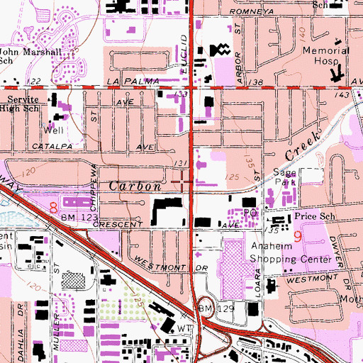 Topographic Map of Bethesda University Anaheim, CA