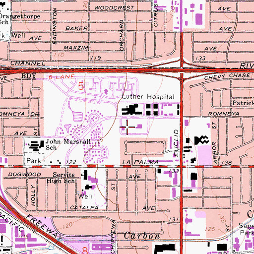 Topographic Map of North Orange County Community College District - Anaheim Campus, CA