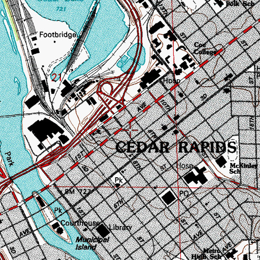 Topographic Map of Cedar Rapids Fire Department Central Station, IA