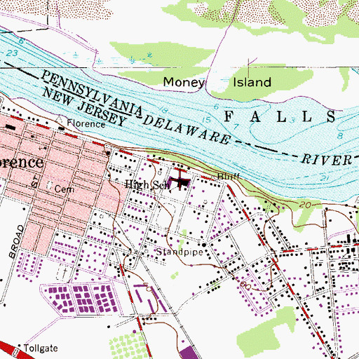 Topographic Map of Florence Township Riverfront School, NJ