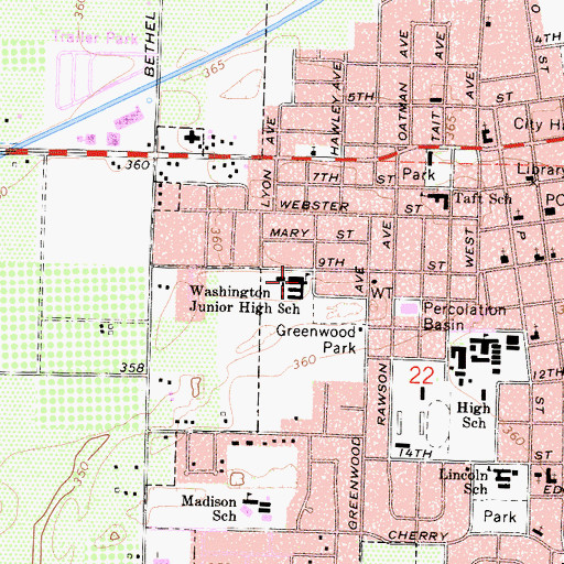 Topographic Map of Washington Middle School, CA