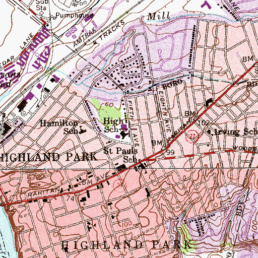 Topographic Map of Highland Park Middle School, NJ