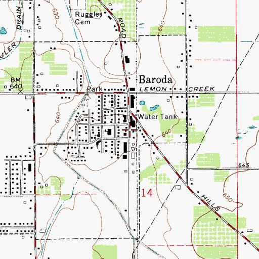 Topographic Map of Baroda Township Hall, MI