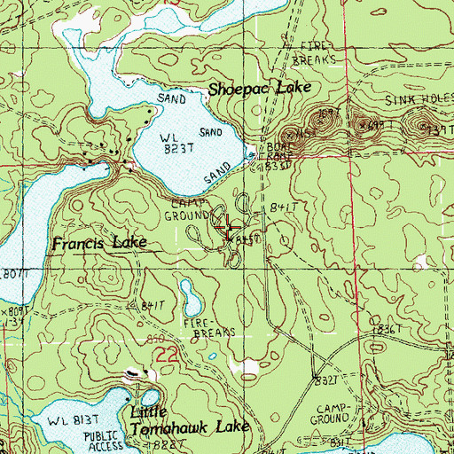 Topographic Map of Shoepac Lake State Forest Campground, MI