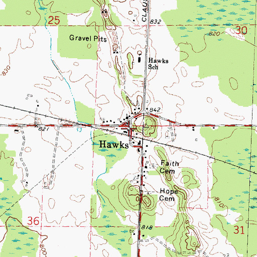 Topographic Map of Hawks Post Office, MI