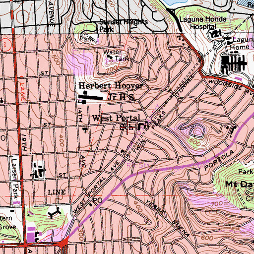 Topographic Map of West Portal Elementary School, CA