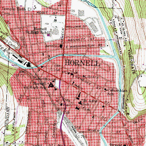 Topographic Map of Hornell First Baptist Church, NY