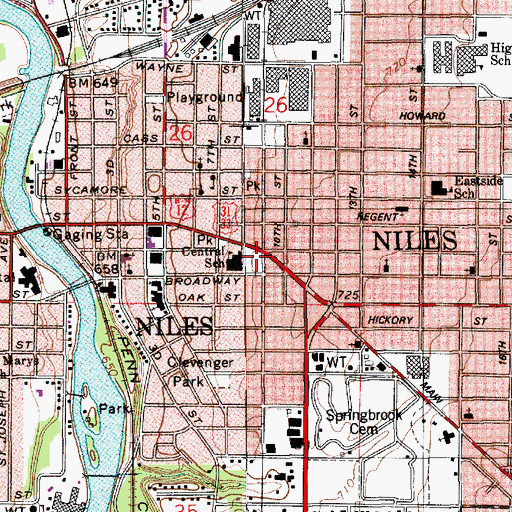 Topographic Map of Niles Post Office, MI