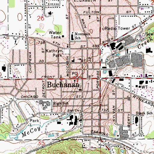 Topographic Map of Buchanan Post Office, MI