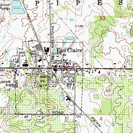Topographic Map of Eau Claire Village Hall, MI