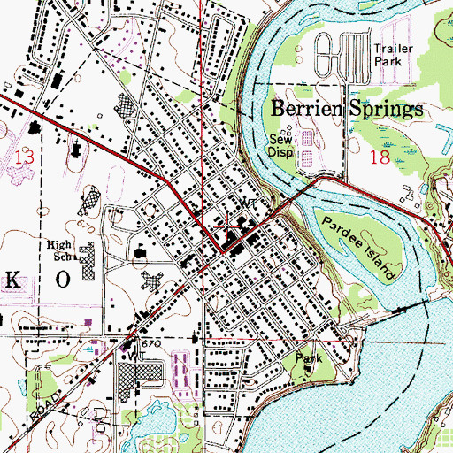 Topographic Map of Berrien Springs Post Office, MI