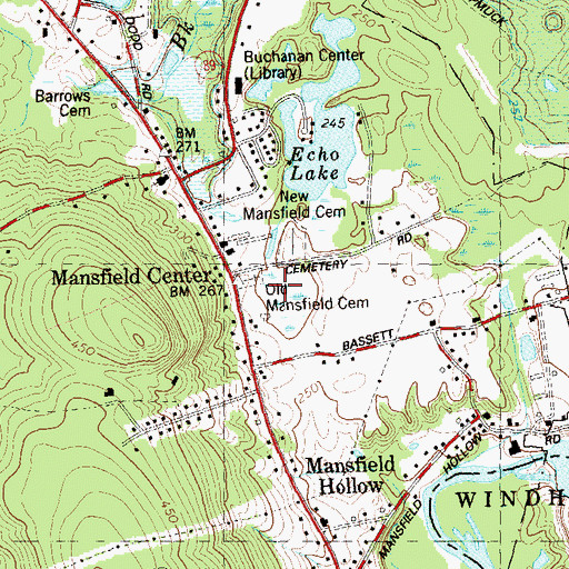 Topographic Map of Mansfield Center Census Designated Place, CT
