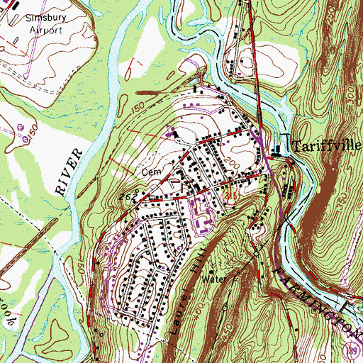 Topographic Map of Tariffville Census Designated Place, CT