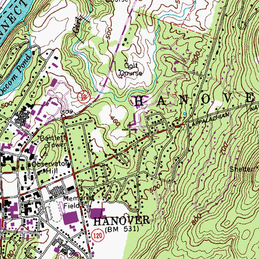 Topographic Map of Hanover Census Designated Place, NH