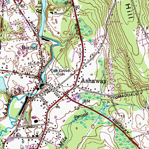 Topographic Map of Ashaway Census Designated Place, RI