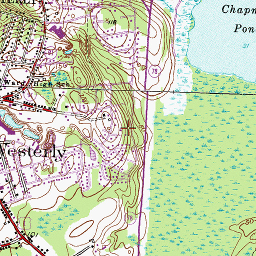 Topographic Map of Westerly Census Designated Place, RI