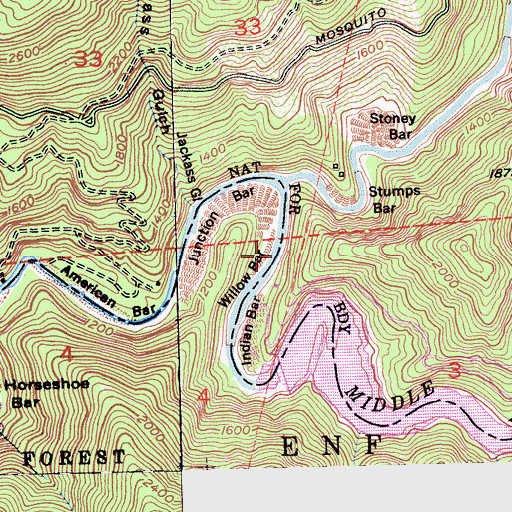Topographic Map of Willow Bar, CA