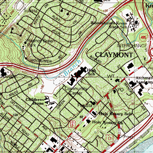 Topographic Map of Claymont Public Library, DE