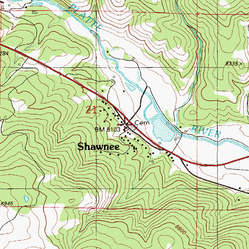 Topographic Map of Shawnee Cemetery, CO