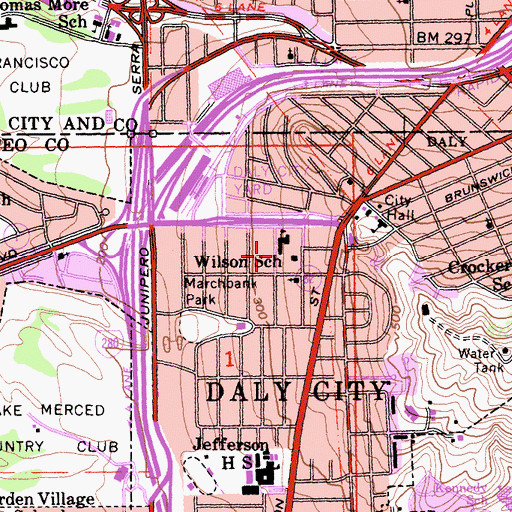 Topographic Map of Woodrow Wilson Elementary School, CA