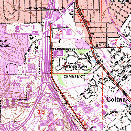 Topographic Map of Woodlawn Cemetery, CA