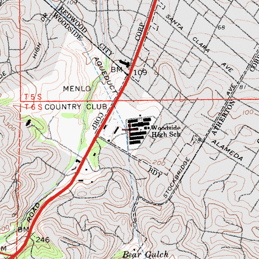 Topographic Map of Woodside High School, CA