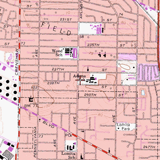 Topographic Map of John Adams Elementary School, CA
