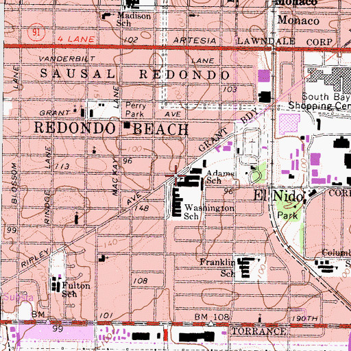 Topographic Map of Adams Middle School, CA