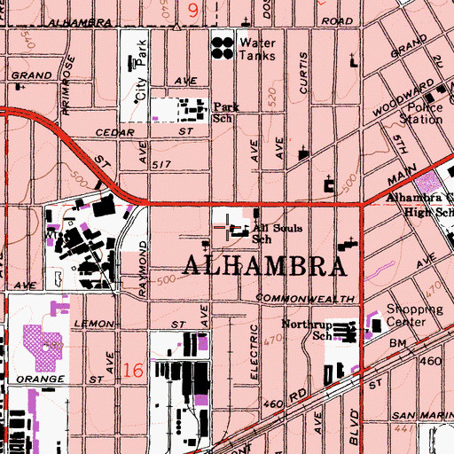 Topographic Map of All Souls Catholic School, CA