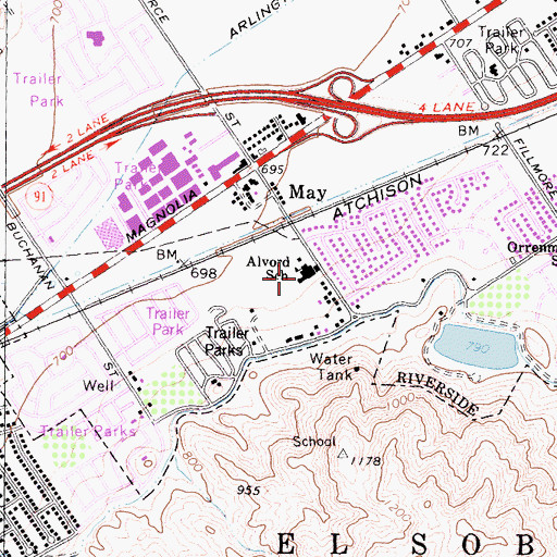 Topographic Map of Alvord Continuation High School, CA