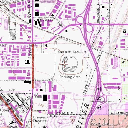 Topographic Map of Angel Stadium of Anaheim, CA