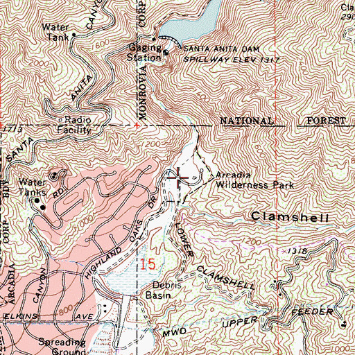 Topographic Map of Arcadia Wilderness Park, CA