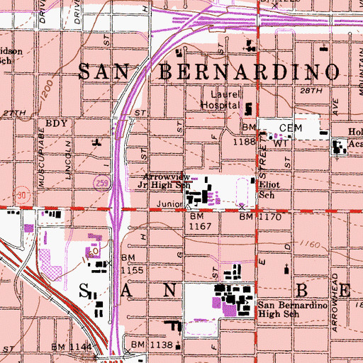 Topographic Map of Arrowview Middle School, CA