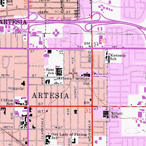 Topographic Map of Artesia Christian School, CA