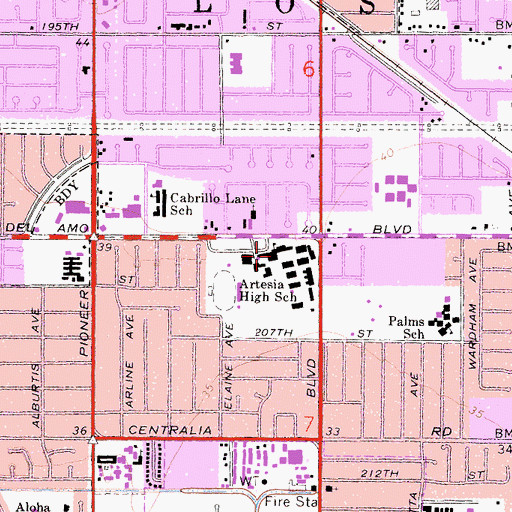 Topographic Map of Artesia High School, CA