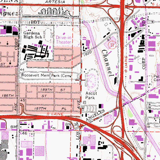 Topographic Map of Ascot Park, CA