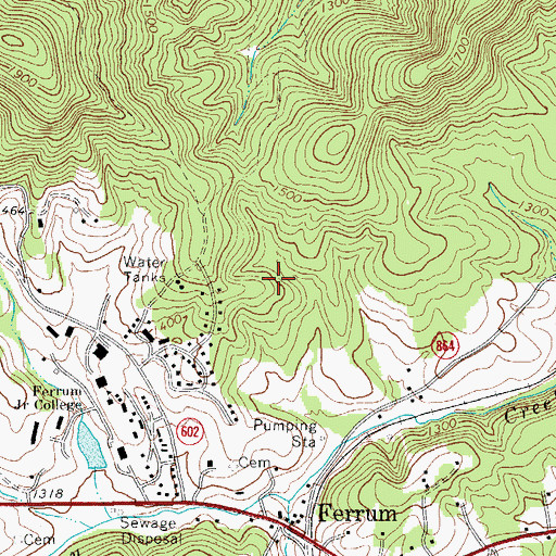 Topographic Map of Ferrum Census Designated Place, VA