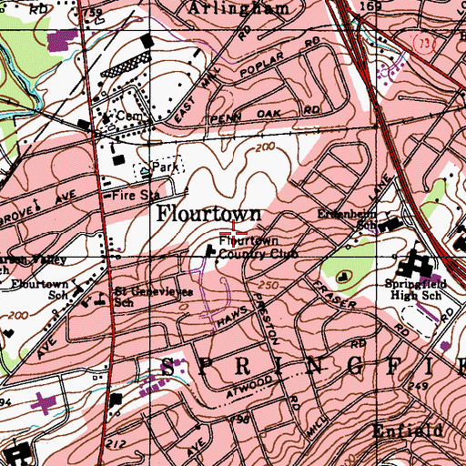 Topographic Map of Flourtown Census Designated Place, PA