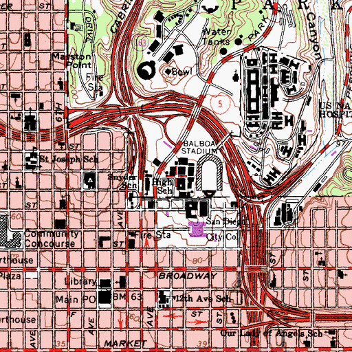 Topographic Map of Balboa Stadium, CA