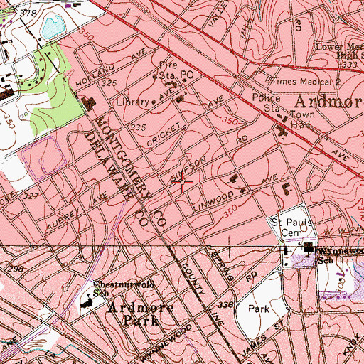 Topographic Map of Ardmore Census Designated Place, PA