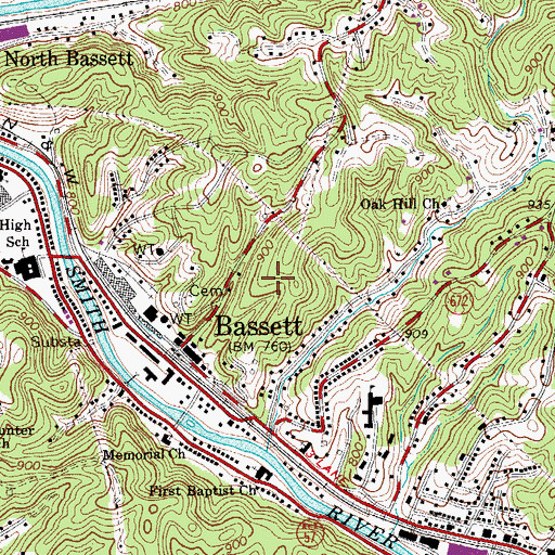 Topographic Map of Bassett Census Designated Place, VA