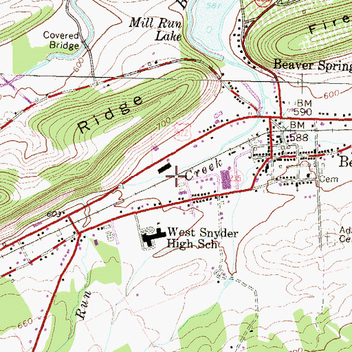 Topographic Map of Beaver Springs Census Designated Place, PA