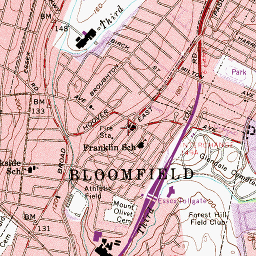 Topographic Map of Bloomfield Census Designated Place, NJ