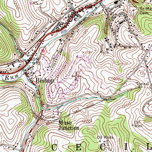 Topographic Map of Cecil-Bishop Census Designated Place, PA