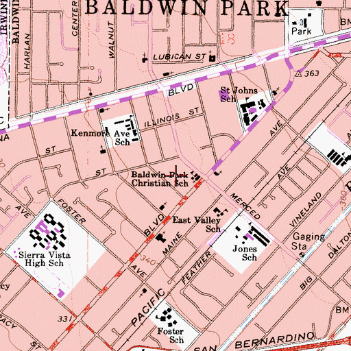 Topographic Map of Baldwin Park Christian School, CA