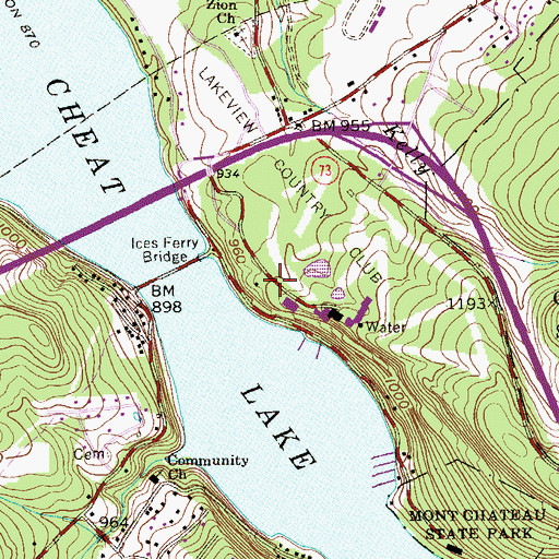 Topographic Map of Cheat Lake Census Designated Place, WV