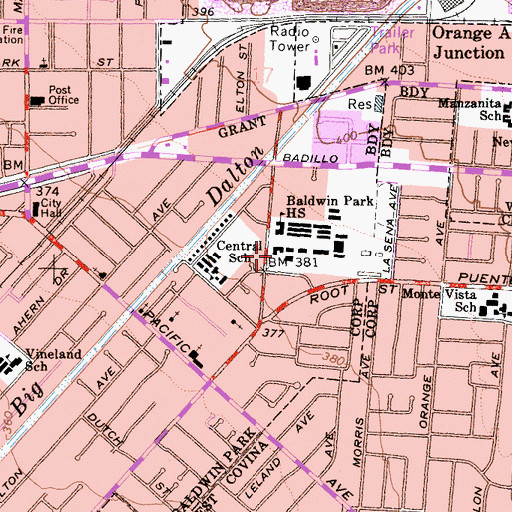 Topographic Map of Baldwin Park High School, CA